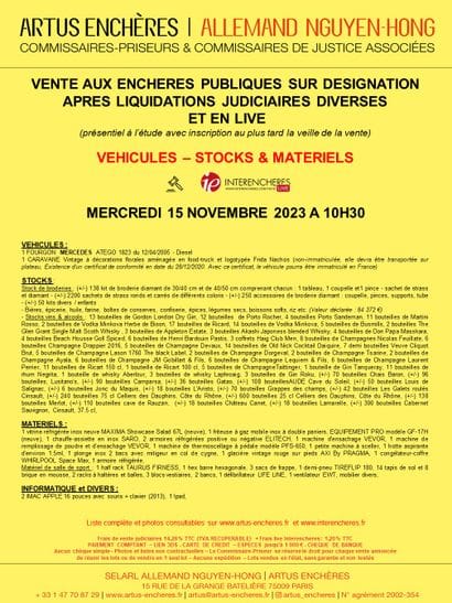 VENTE APRES LIQUIDATIONS JUDICIAIRES DIVERSES | VEHICULES - STOCKS ET MATERIELS