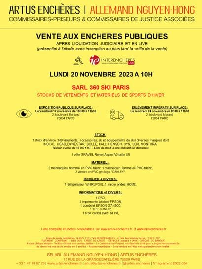 SARL 360 SKI PARIS | STOCKS DE VETEMENTS ET MATERIELS DE SPORTS D'HIVER