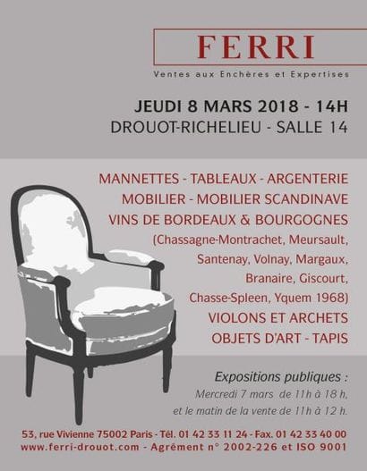 Vente classique MANNETTES - TABLEAUX - ARGENTERIE - MOBILIER - MOBILIER SCANDINAVE - VINS DE BORDEAUX & BOURGOGNES - VIOLONS ET ARCHETS - OBJETS D’ART - TAPIS