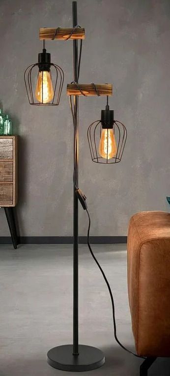 ZMH - Lampadaire Vintage à 2 Lampes design Industriel en Métal et Bois Hauteur 1&hellip;