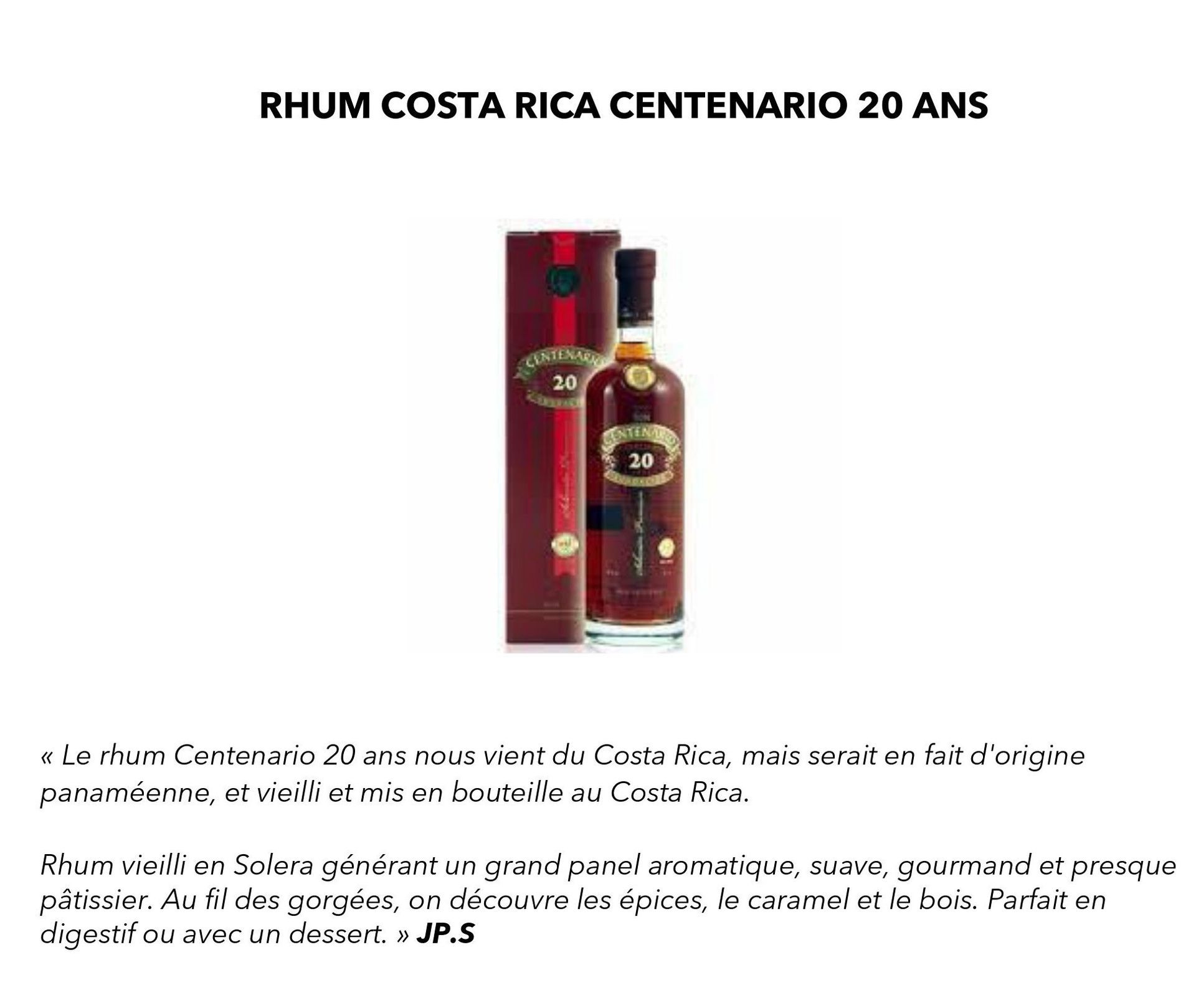 Costa Rica Centenario 20 ans x 1 bouteille mise à prix 65€