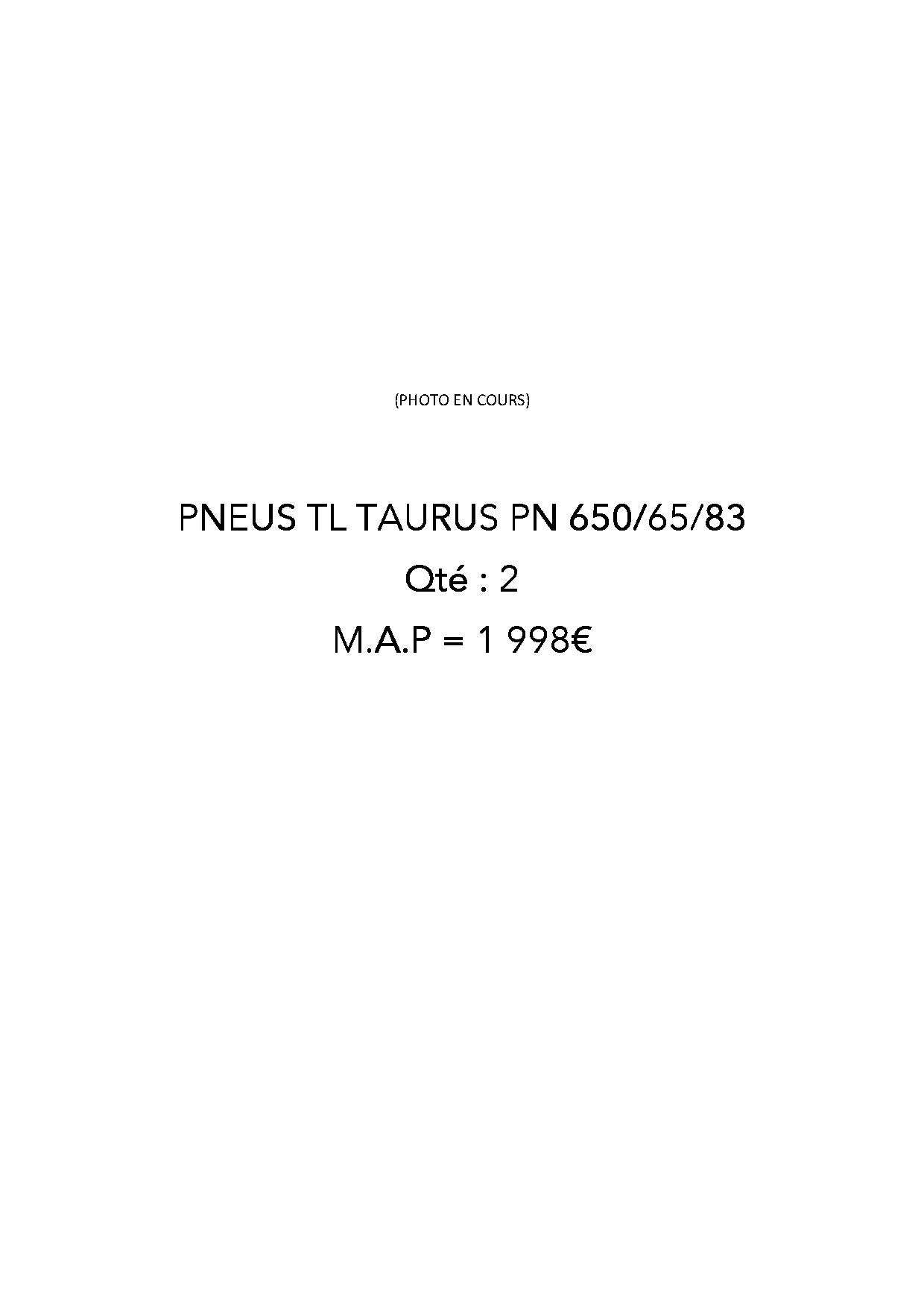 PNEUS TL TAURUS PN 650/65/83 - QTE = 2 MAP = 1 998€ - frais de 10%