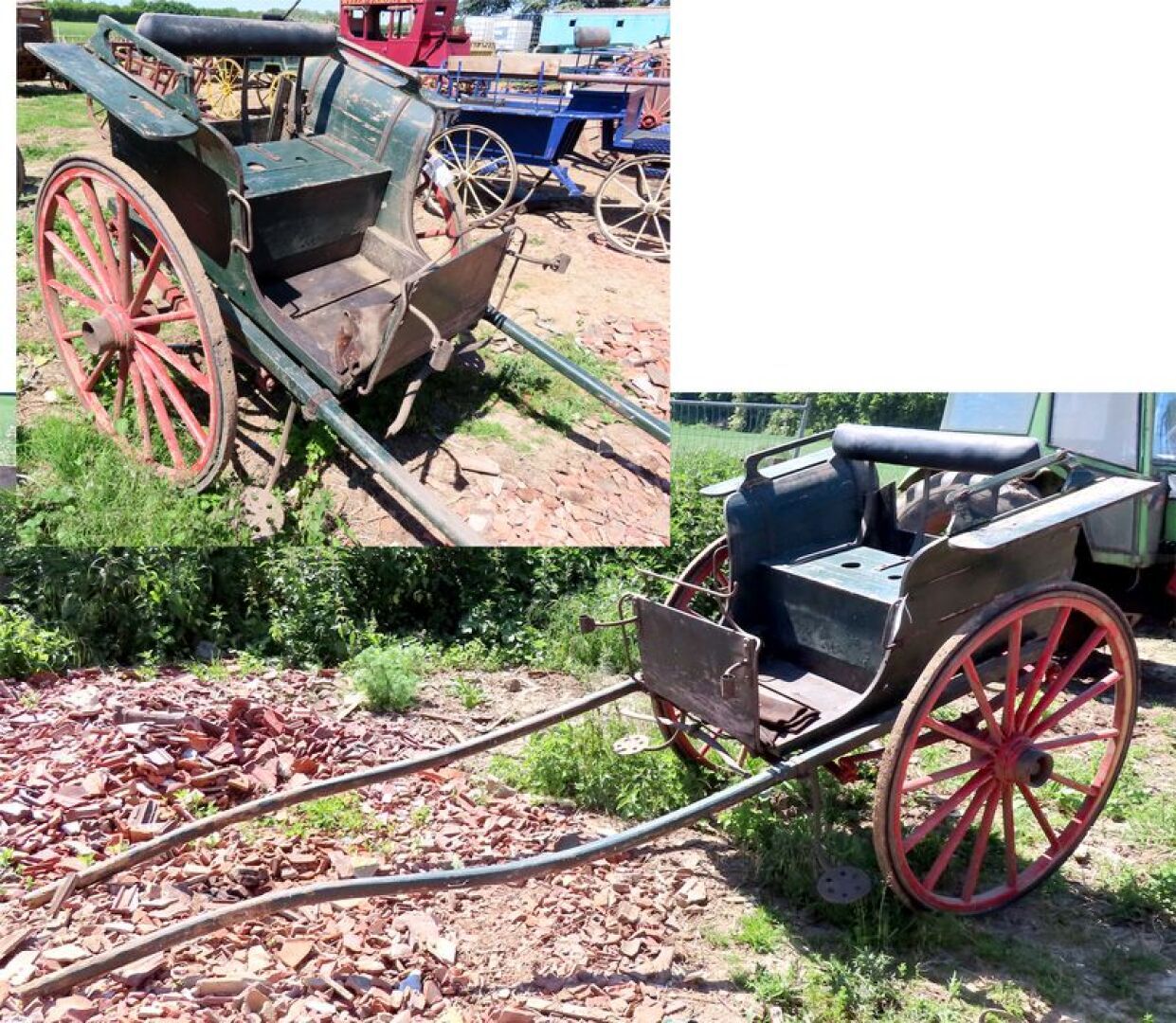 Null CALECHE EN BOIS LAQUE VERT BOUTEILLE SUR 2 ROUES PEINTES EN ROUGE, A DEUX B&hellip;