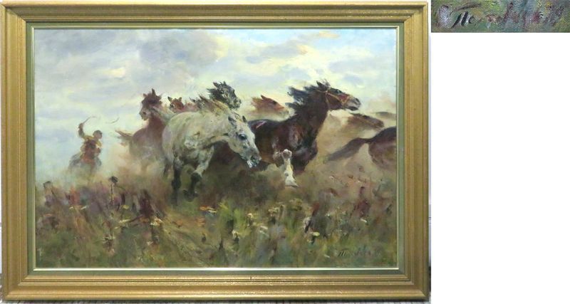 Null VICTOR POLTAVETS (1925), HUILE SUR TOILE REPRESENTANT UN TROUPEAU DE CHEVAU&hellip;