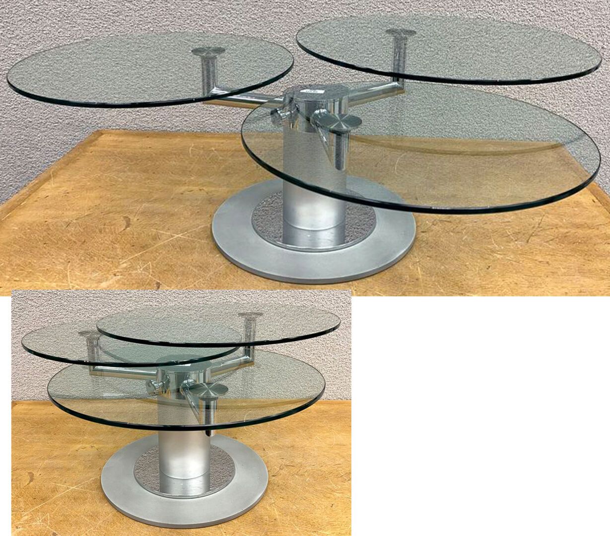 Null TABLE BASSE A 3 PLATEAUX CIRCULAIRES PIVOTANTS EN VERRE REPOSANT SUR UN PIE&hellip;