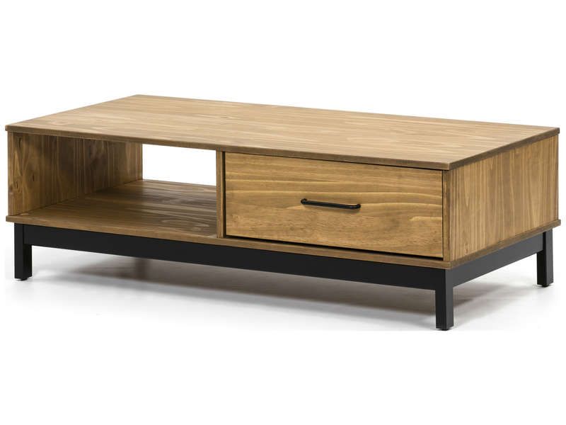 Null Solid pine coffee table "KENYA" with drawer and niche - varnish/black - 730&hellip;