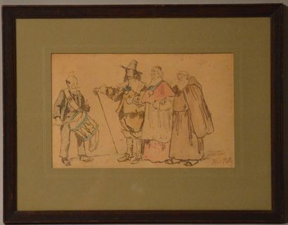 null PILLE Henri ( 1844-1897) "Personnages de théatre lyrique" Croquis aquarellé...