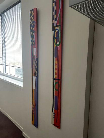 1 set of six acrylic paintings and two wood...